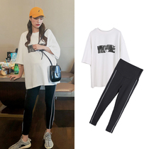 Spring pregnant womens clothing set fashion white loose top thin black leggings adjustable two-piece set tide