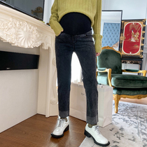 Pregnant women jeans fall wear 2021 autumn and winter velvet thickened black thin tight straight pants support belly Korean