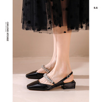 (Large Code Pick Up Leak RMB108 ) Water Drill Coarse Heel Retro Mary Rare Shoes Lined with Baotou sandal women Summer