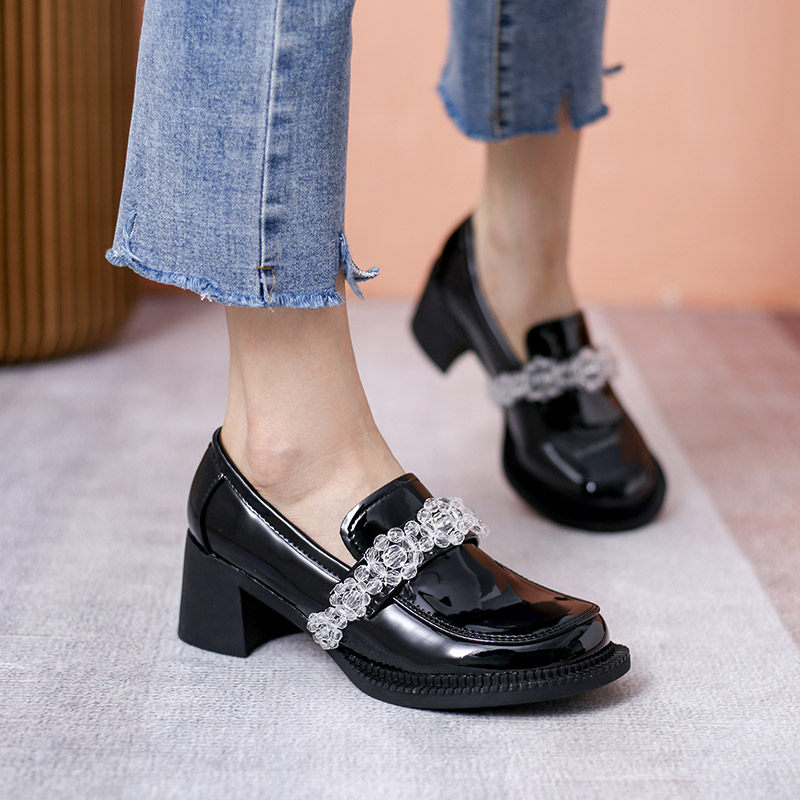JK uniforms small leather shoes 2021 spring and summer new coarse heel retro head shoes white Mary Jane soft girl crystal single shoes