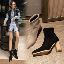 2021 New Spring Autumn Winter Rough Heel Short Boots High Heel Women Shoes Elastic Net Red Lean Boots Casual Pointed Single Boots