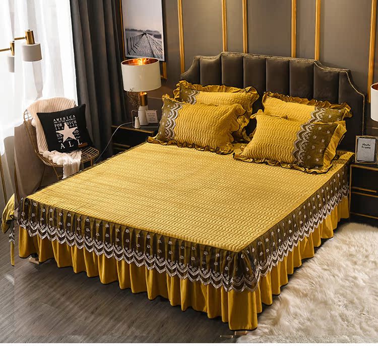 Công chúa châu Âu Crystal Velvet váy đơn mảnh chần đệm mùa đông ấm áp ngắn sang trọng nệm chống trượt giường phủ giường - Váy Petti ga giường viền ren