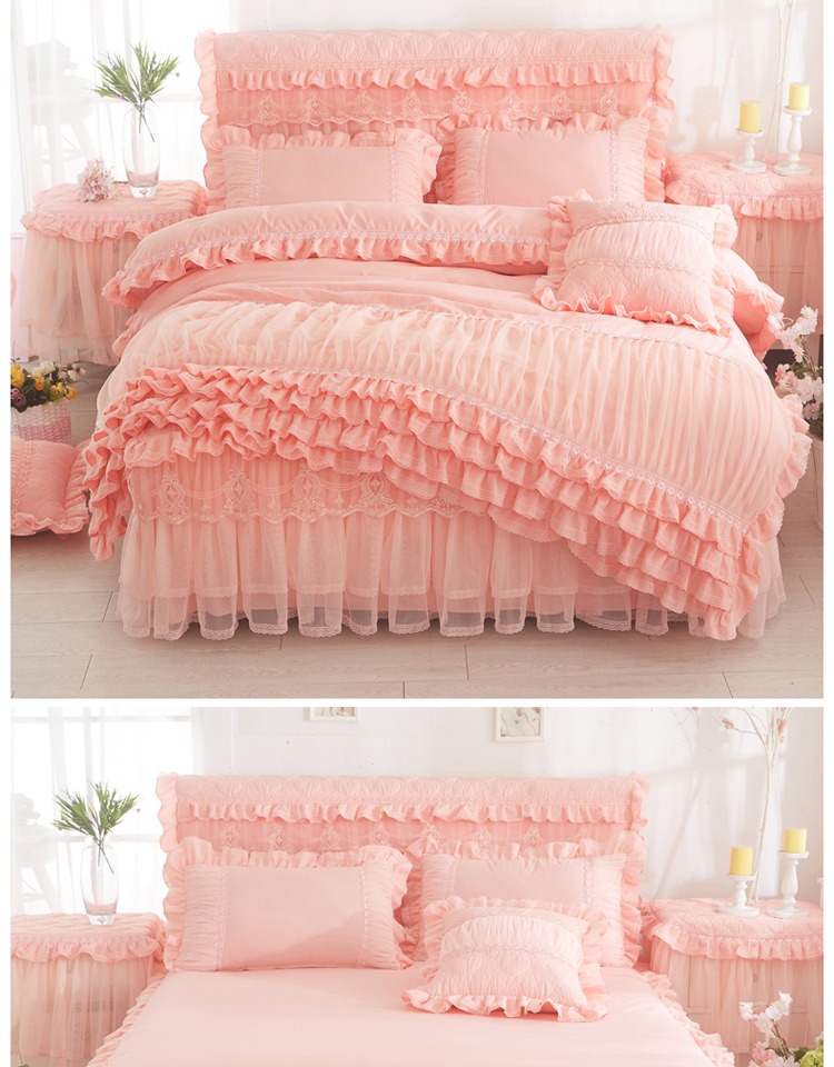 Công chúa Hàn Quốc màu giường ren phong cách váy ngủ bedspread chăn che một gia đình bốn mảnh ren chải 1.5 / 1.8m - Bộ đồ giường bốn mảnh bộ ga giường everon