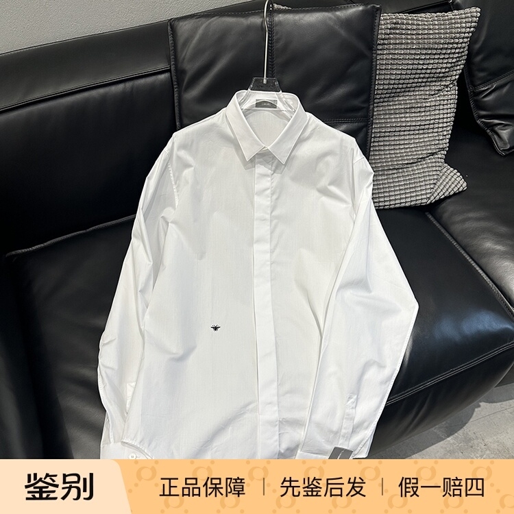 [In-Stock in China] Dior Classic Black Bee Embroidery Concealed Button Poplin Business White Shirt