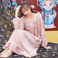 茜 Bộ đồ ngủ nhung san hô của phụ nữ mùa thu và mùa đông mới dày và ấm dài phần liền kề dịch vụ nhà flannel váy ngủ phụ nữ váy mặc nhà dễ thương