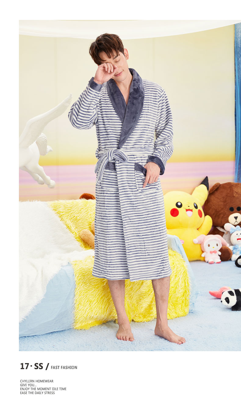 靓 Áo choàng flannel mùa đông cho nam dài áo choàng lông cừu san hô dày nam giới kích thước lớn đồ ngủ dài tay dịch vụ tại nhà ao ngu cao cap
