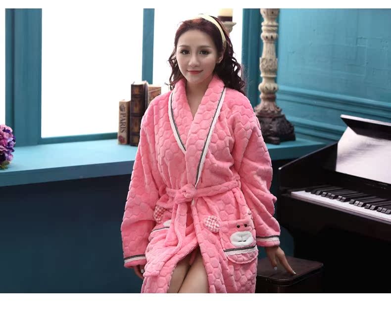 茜 靓 Áo choàng nữ mùa đông Áo choàng hoạt hình dễ thương Áo choàng dài Flannel Bộ đồ ngủ độn màu rắn Ngọc lục bảo áo choàng ngủ nam