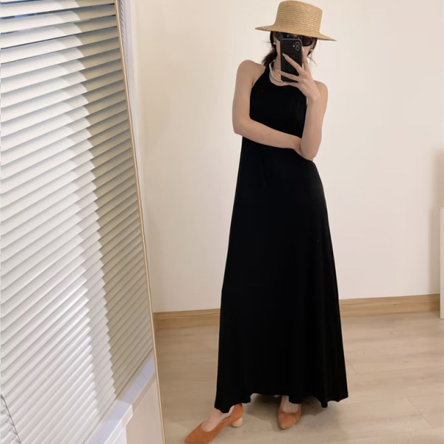 2024 European and American plus size women's long dress modal long dress halter neck strapless back sexy beach temperament