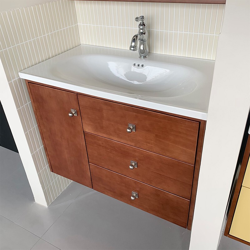 Xiaohongshu Style Vintage Rubber Wood Lacquered Bathroom Cabinet Set with Integrated Ceramic Basin, Xiaoman Xiaomai Xiaofu Bathroom Fixtures Xiaohongshu Style Vintage Rubber Wood Lacquered Bathroom Cabinet Set with Integrated Ceramic Basin, Xiaoman Xiaomai Xiaofu Bathroom Fixtures