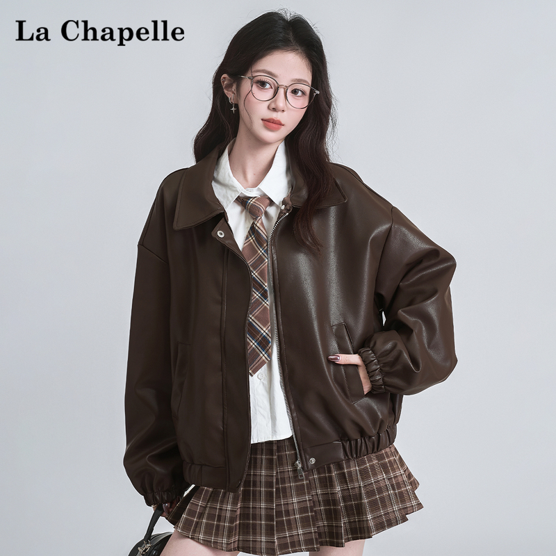 La Chapelle 2026 Spring Melard Lapel Pu Leather Jacket Women's Vintage Biker Cardigan Jacket Top
