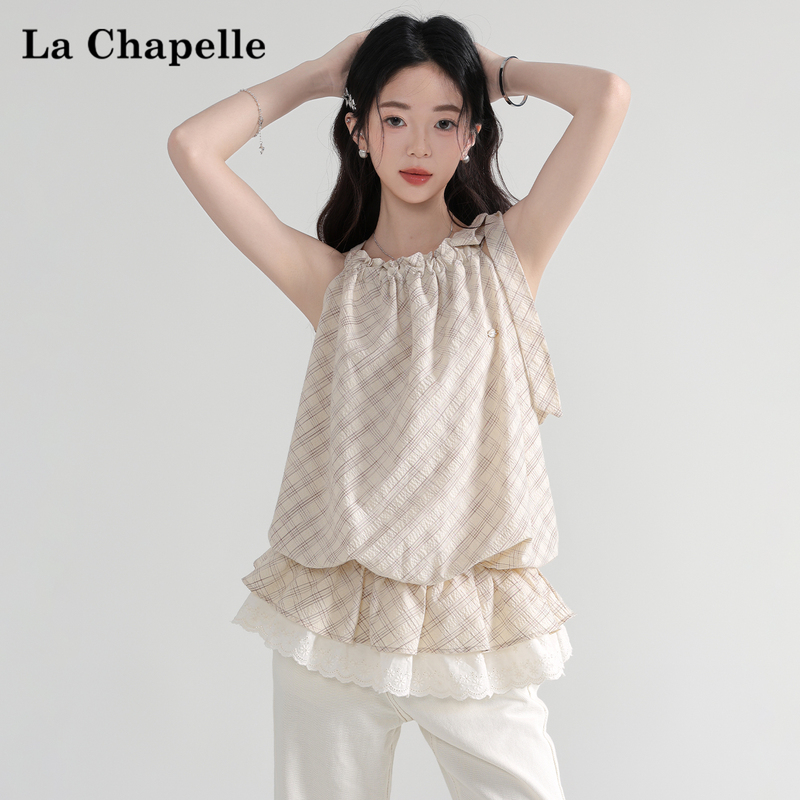 La Chapelle Lace Patchwork Halter Neck Sleeveless Tank Dress for Women 2026 Summer Plaid Ruffle Outerwear Top