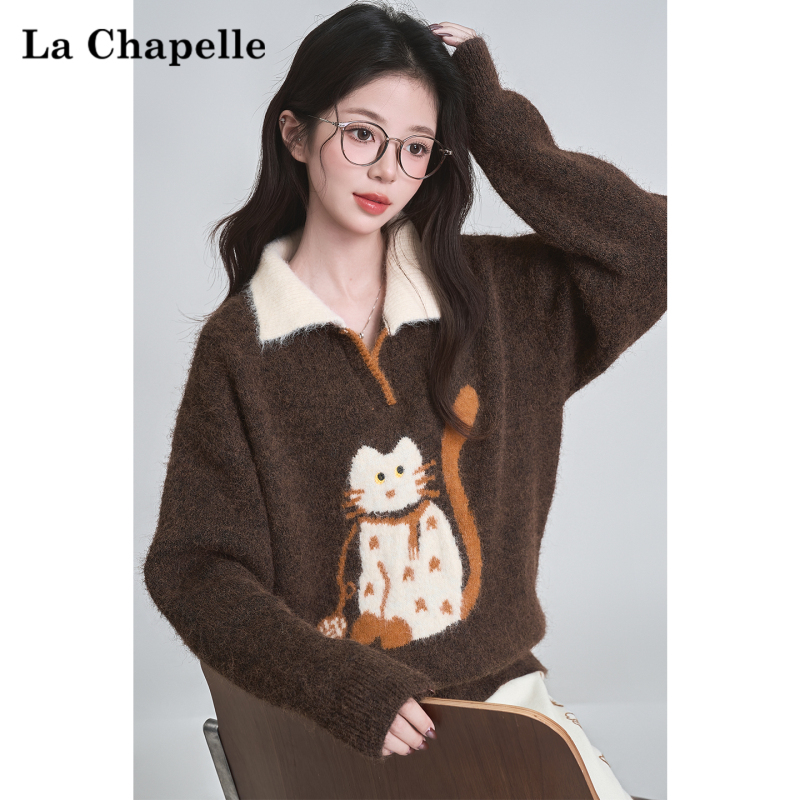 La Chapelle Cartoon Cat Sweater for Women 2026 Spring and Autumn New Warm Turn-Down Collar Knitted Base Shirt Inner Layer Top