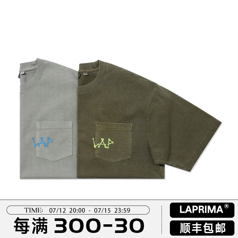 LAPRIMA 21SSPocket printed pockets loose short sleeves T-shirt batik washed water bones word CITYBOY