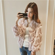2018 mùa thu mới Hàn Quốc lông tua rua nước hoa nhỏ áo khoác ngắn nữ màu hồng ngọt ngào áo khoác dài tay