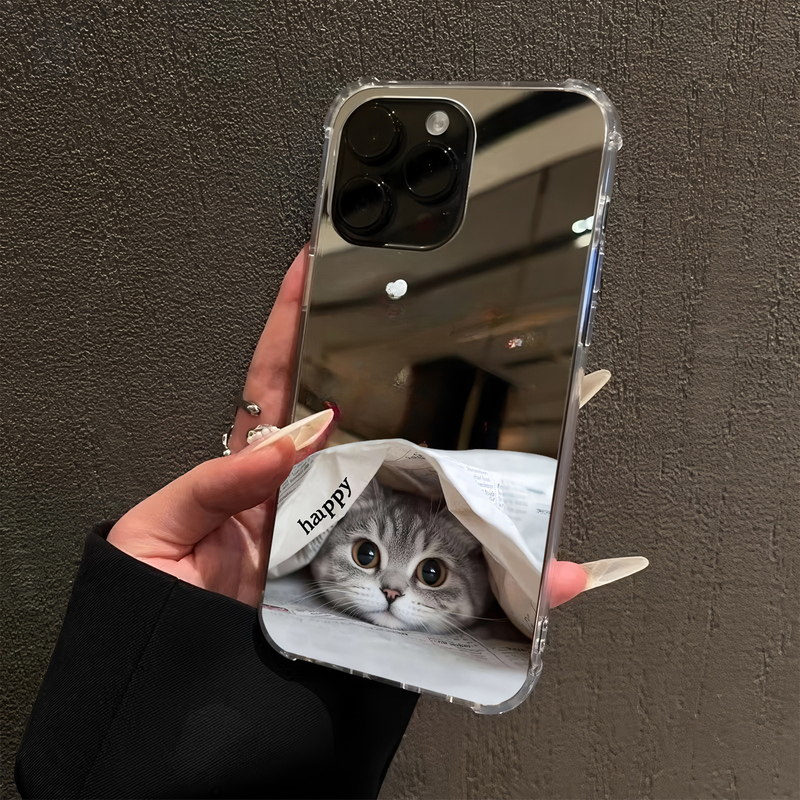 Cute Cat Newspaper Hide-And-Seek Suitable for iPhone 17 Pro Mirror 15 Pro Max Simple 14 Pro Apple 16 Phone Case XS Max Makeup Touch-Up 13 Cartoon 7/8 Plus Cute 12 Creative 6P