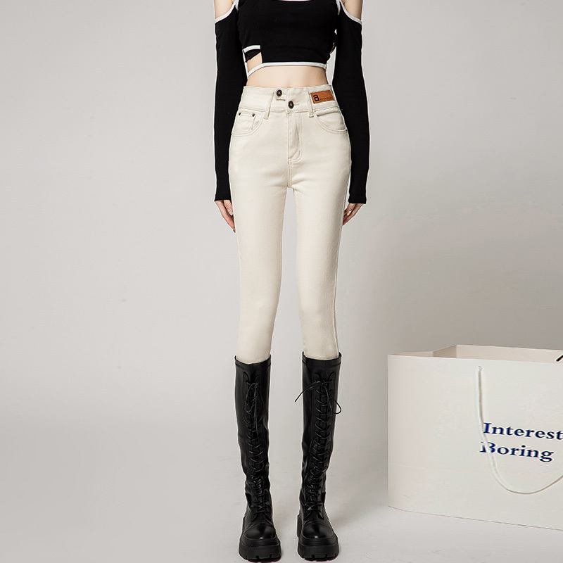 Off-White High-Waisted Slim-Fit Women's Jeans, New Autumn and Winter Style, Tight-Fitting Stretchy Apricot-Colored Pencil Pants, Cropped Length