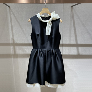 Korean Style Dress 2026 Summer New French Retro Hepburn Style Color-Blocking Bow Sleeveless Waist-Cinching Puffy Dress