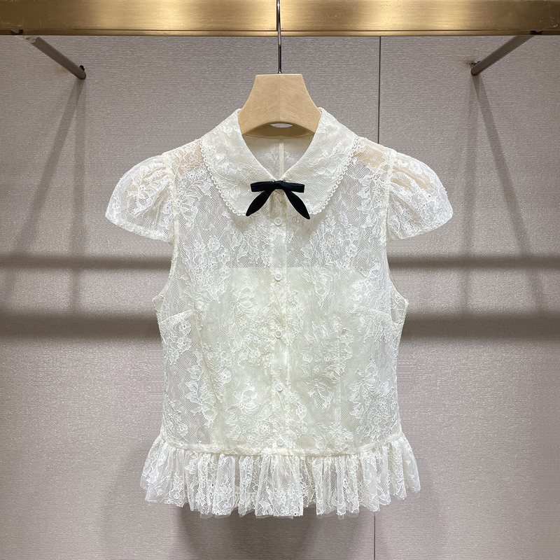 French-Style Unique and Beautiful Top 2026 Summer New Sweet and Elegant Bow Short-Sleeve Ruffle Lace Blouse French-Style Unique and Beautiful Top 2026 Summer New Sweet and Elegant Bow Short-Sleeve Ruffle Lace Blouse