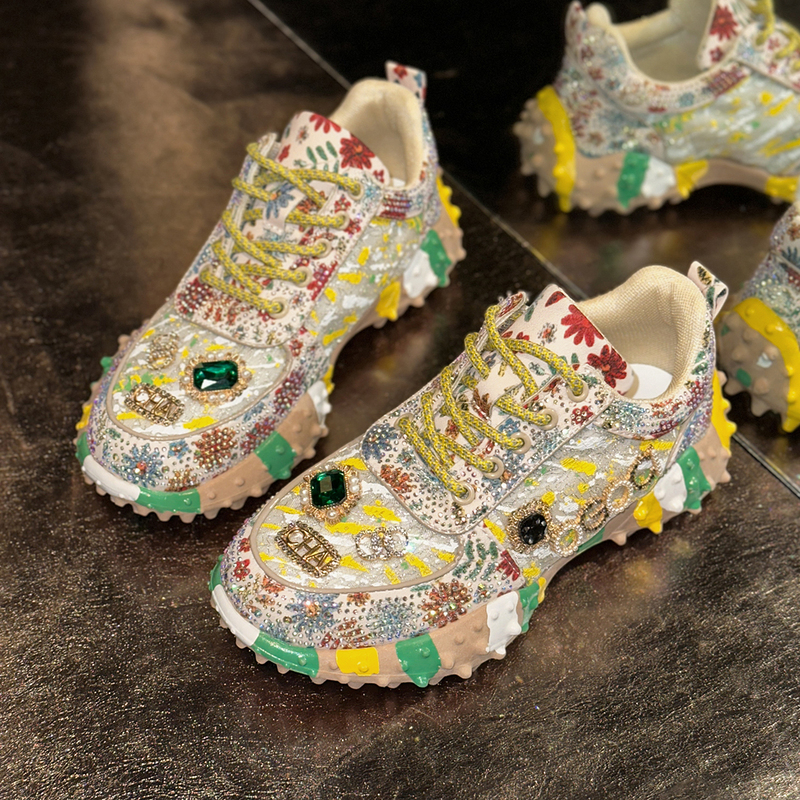 Color-Blocked Rhinestone Versatile European and American Style New Large Size Breathable Mesh Casual Sports Durian Thick-Soled Dad Shoes for Women