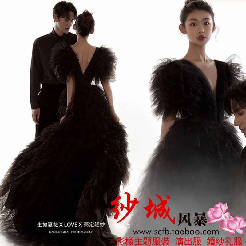 2021 Studio Theme Costume Meticulous Painting Black Wedding Dress Couple Photoshoot Photography Street Photography Trailing Dress