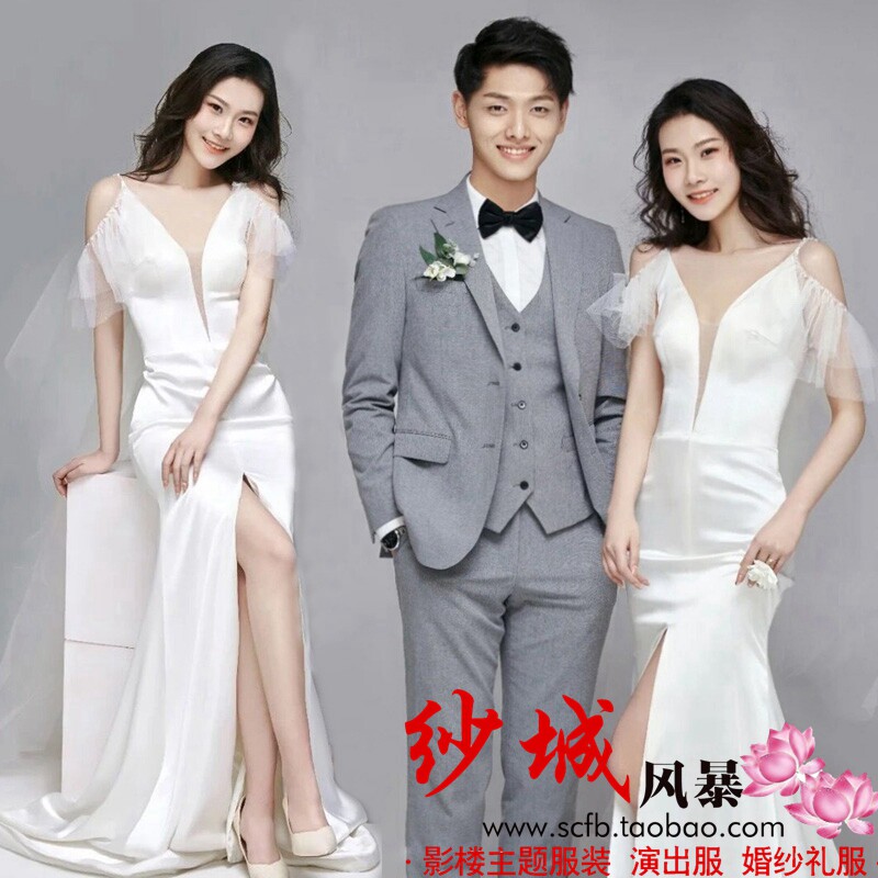 Studio themed wedding dress travel photo shoot light gauze couple photo shoot photography clothing Korean version of suspenders fishtail slit dress