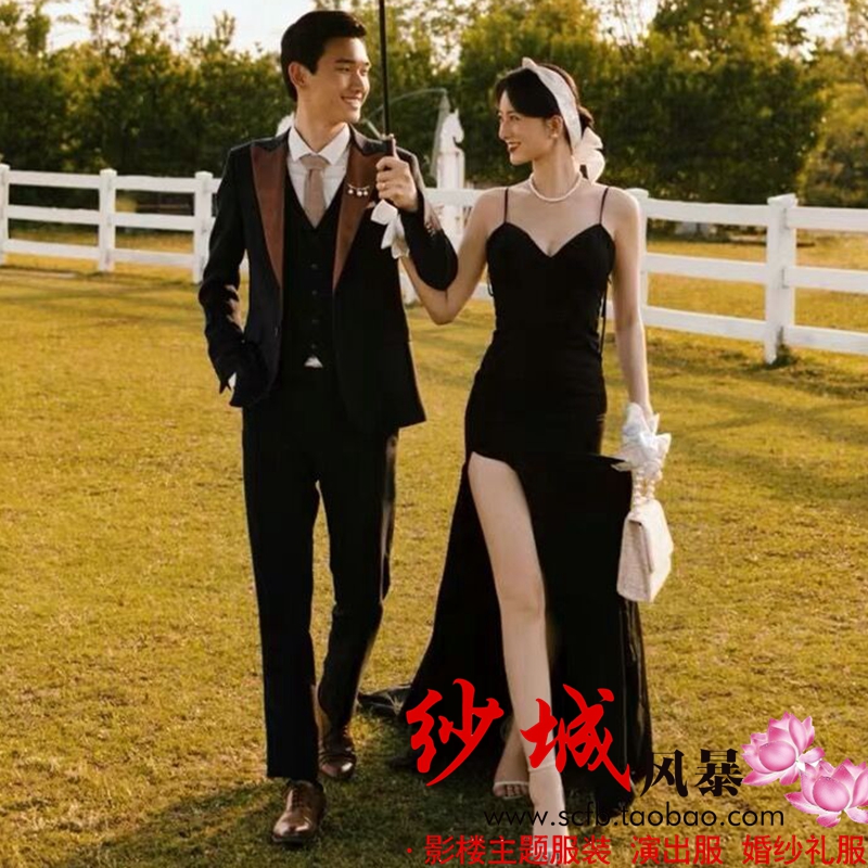 Photo Studio Theme Clothing Couple Location Travel Photography Photoshoot Photoshoot Suspenders Slit Dress Black Simple Wedding Dress