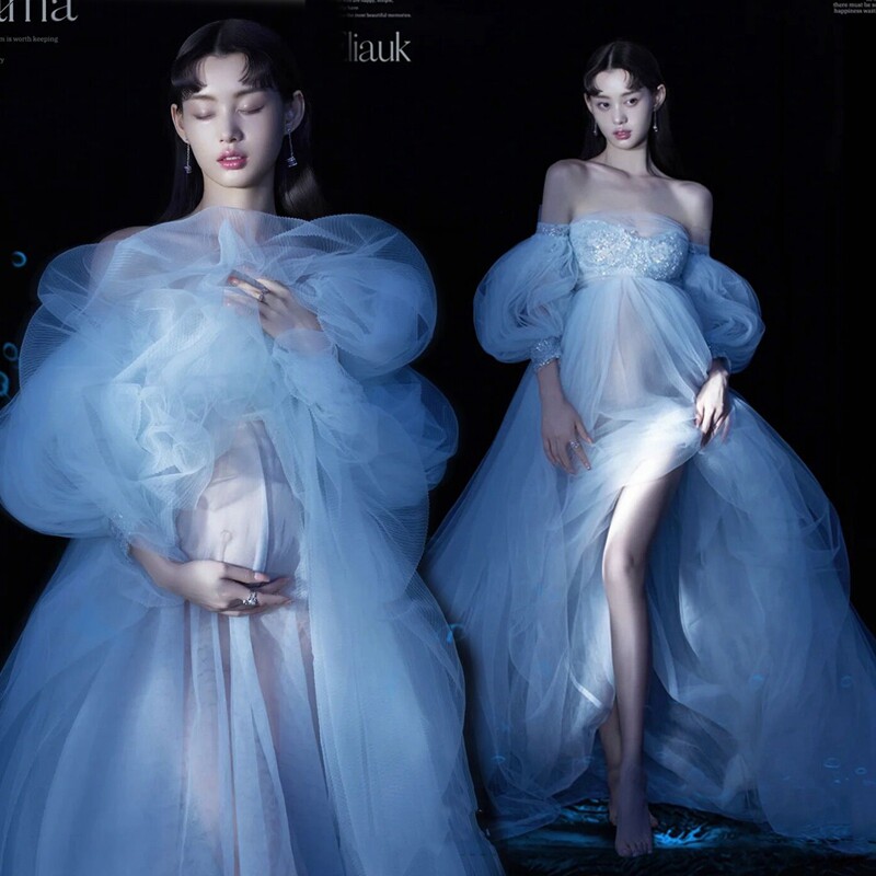 Maternity Photography Maternity Photo Clothing Maternity Photo New Mommy Beautiful Blue Wedding Maternity Dress Photo Studio Art Photo Clothing