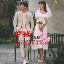 Studio theme clothing simple satin short sleeve Medium-length dress wedding couple photo retro street photo white dress
