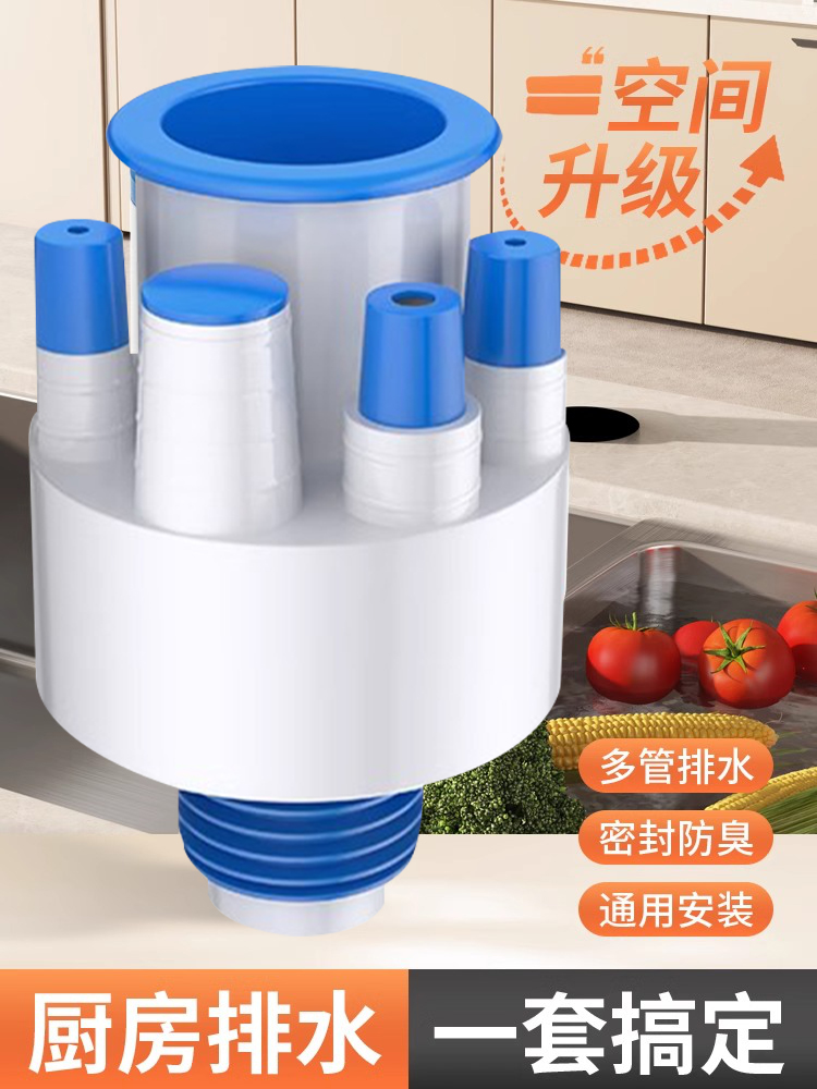<!--洗菜盆水槽厨房下水管三头通分水器排水道防臭神器净水洗碗机接头-->