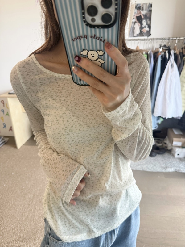 Superhappyfarm Light Green Floral Multi-Wear Slim Long-Sleeve Base Shirt T-Shirt