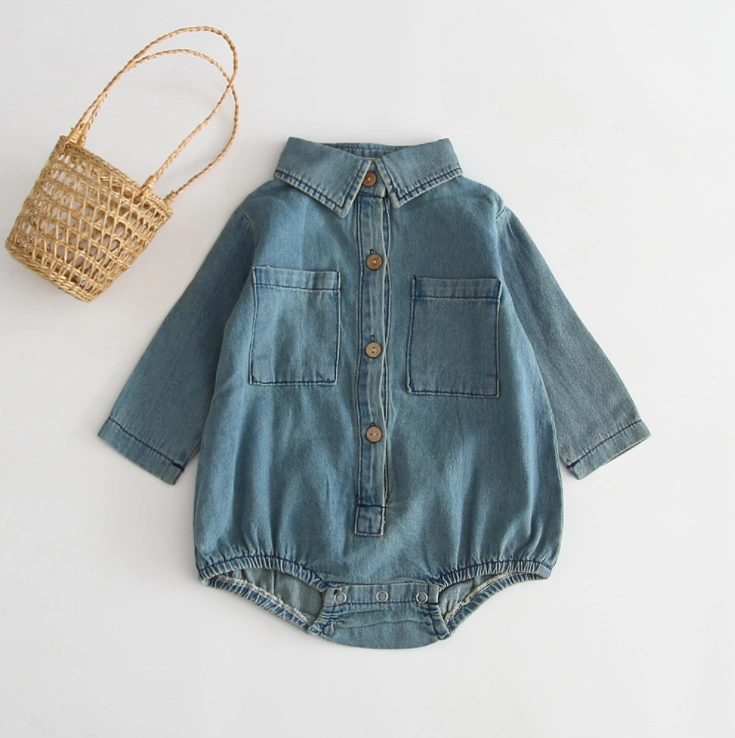 Sản phẩm mới mùa thu 2019 nhiếp ảnh trẻ em denim mềm một mảnh phù hợp cho nam và nữ thời trang trẻ em quần áo dài tay túi đeo mông leo núi - Áo liền quần