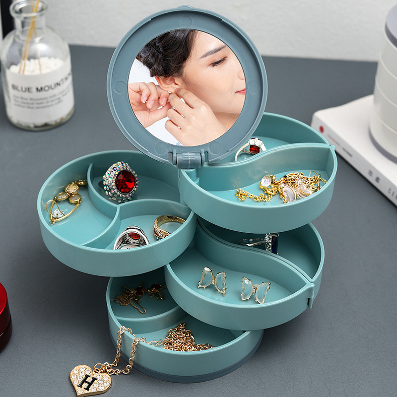 Rotating Earrings First Accessories Box Multilayer Earrings Containing Box Small Delicate Ear Nail Necklace Ornament Frame With Mirror Dust-Proof Box-Taobao