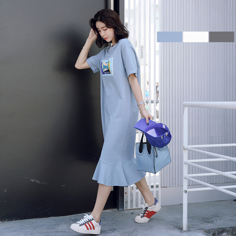 Korean version of pregnancy maternity dress Summer clothing Boomers Chaopie Loose short sleeves Long version Summer over knee long skirt Summer