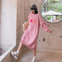 Fashion maternity wear autumn top casual loose size medium length sweater plus velvet padded dress autumn and winter clothes