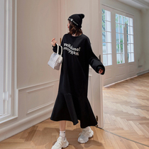 Pregnant womens autumn coat cotton loose large size sweater long long sleeve plus velvet padded dress autumn and winter