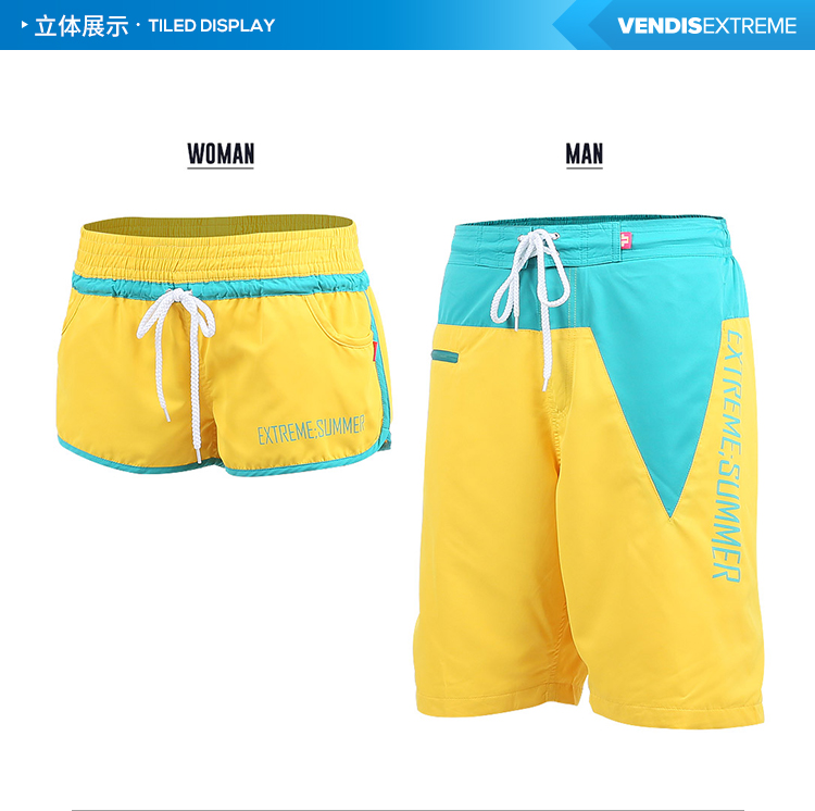 VENDIS EXTREME quần short bãi biển cặp vợ chồng nam nữ khô nhanh giải trí lặn năm điểm quần bơi cỡ lớn màu vàng 	quần áo đi biển du lịch	