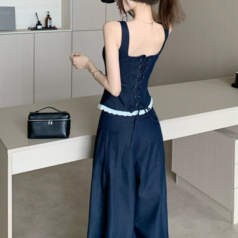 Designed Camisole Top and Tencel Denim Set, Korean Style Summer Outfit, Complete Set with Wide-Leg Pants, Two-Piece Set
