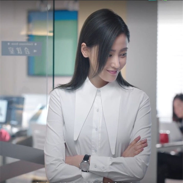 Spring and Summer Zhang Tian'Ai Celebrity Style Women's Shirt with a Large Pointed Collar, Stylish Design, Slightly Elastic Bamboo Fiber Cotton White Shirt