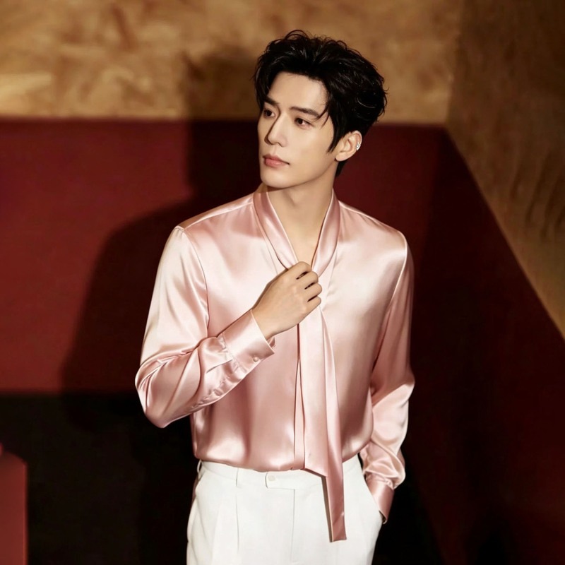 Summer New Style Wang Anning Celebrity-Inspired Pink Satin Long-Sleeve Men's Shirt Hong Kong Style Ribbon Light Luxury Fashion Shirt