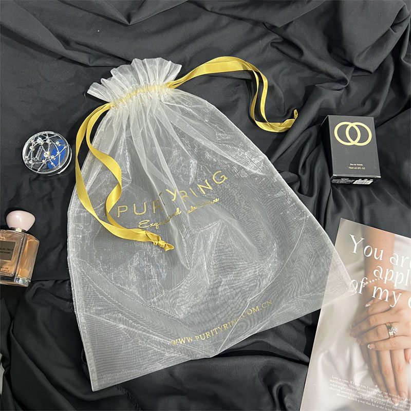 Large-capacity transparent mesh ribbon drawstring pocket portable large drawstring storage bag travel business clothes storage