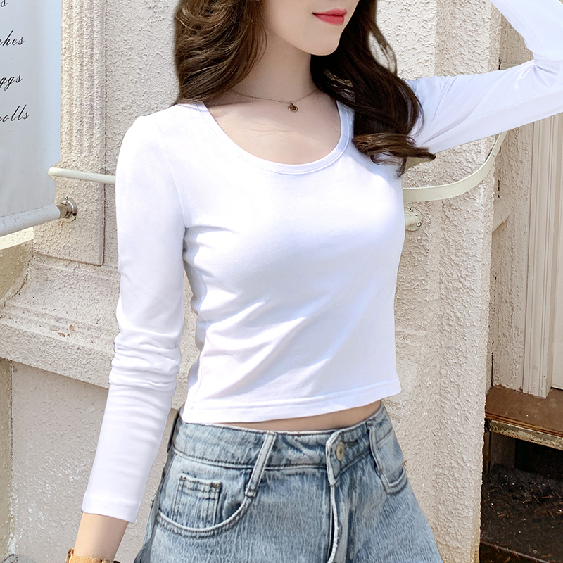 Autumn Pure Cotton White Long-Sleeved T-Shirt for Women, Short Round Neck Base Shirt, Slim Fit Inner Top, Black 2026 New Style
