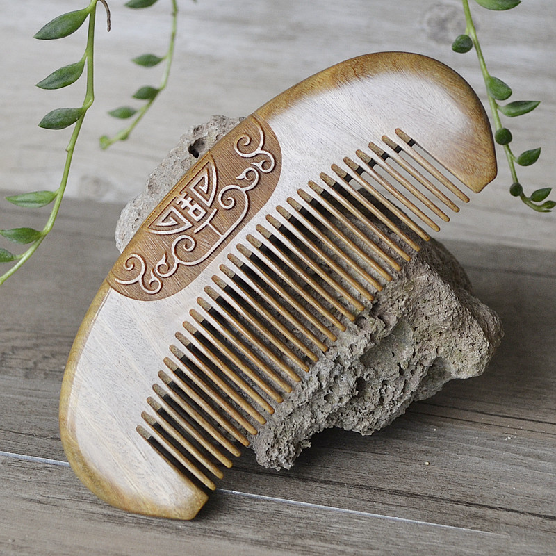 Natural green sandalwood double-sided carving and carving comb thickening creative gift antique wooden comb children's small comb new product