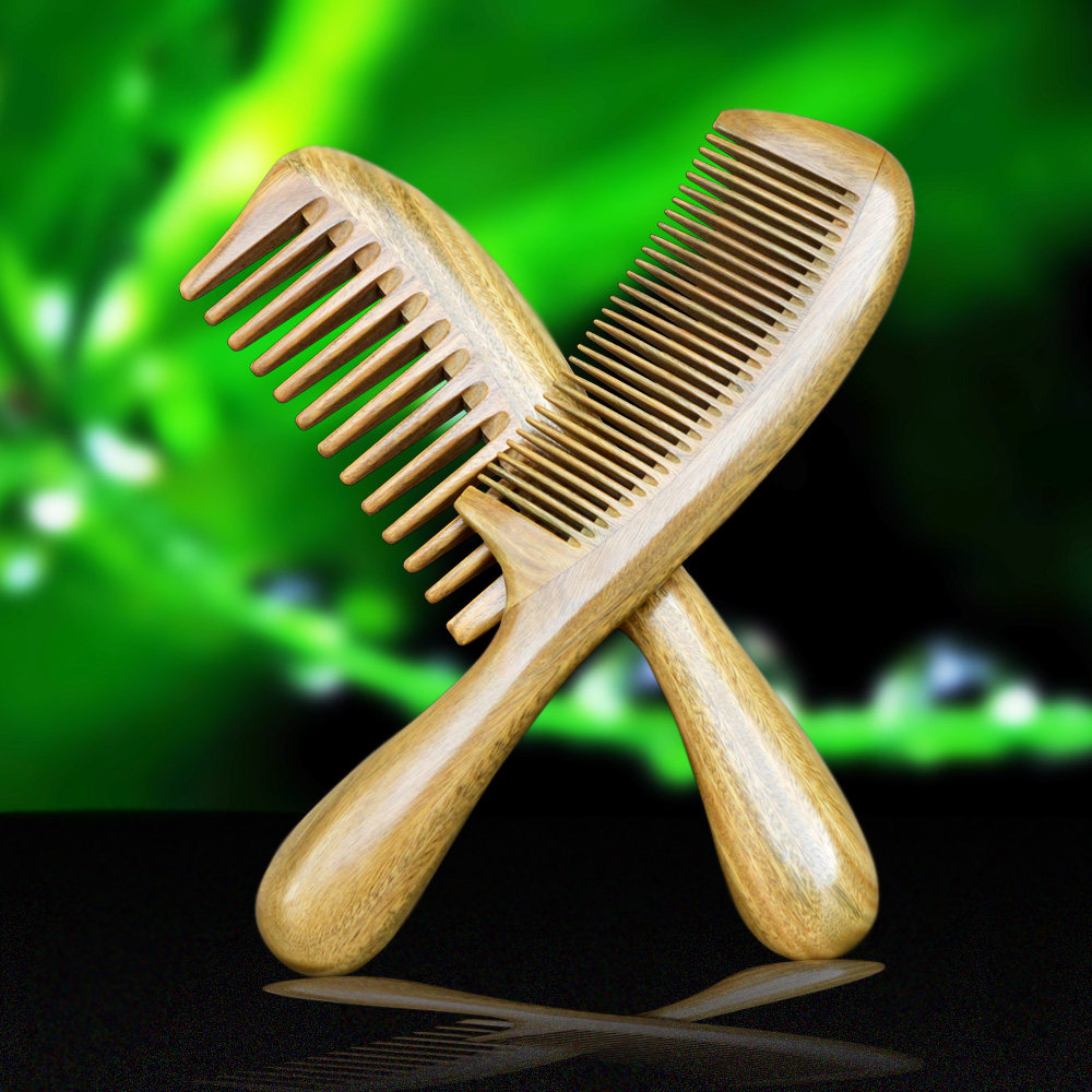 Lettering natural wood comb wood comb large sandalwood to send girlfriend birthday green sandalwood fine-toothed wide-toothed comb curly hair comb