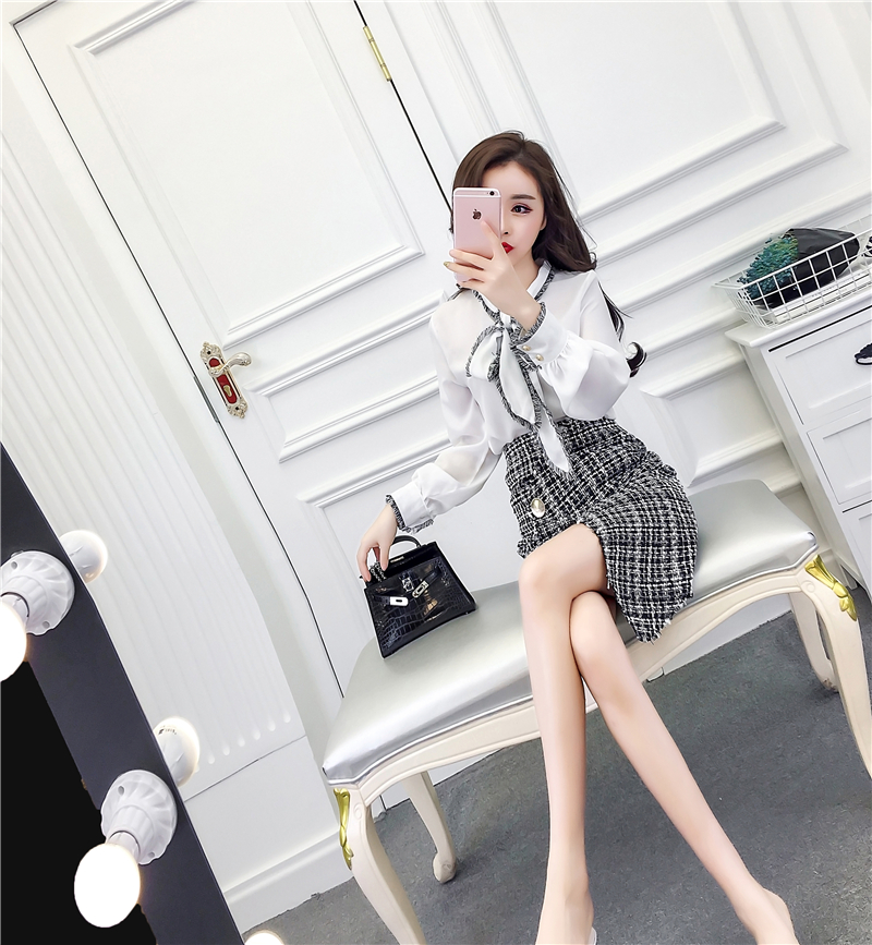 VK旗艦店 韓國風甜美時尚蝴蝶結甜美套裝長袖裙裝