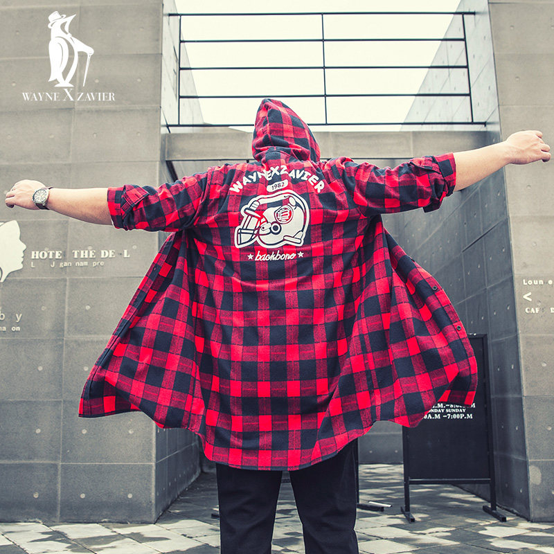 大码男装中长款长袖衬衫男士加肥加大潮胖子红色格子连帽披风4680