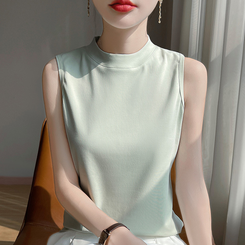 Silk-Gloss Cotton Half-High Collar Sleeveless T-Shirt for Women 2026 Summer New Style Top Pure Cotton Vest Layered Base Shirt Loose T-Shirt