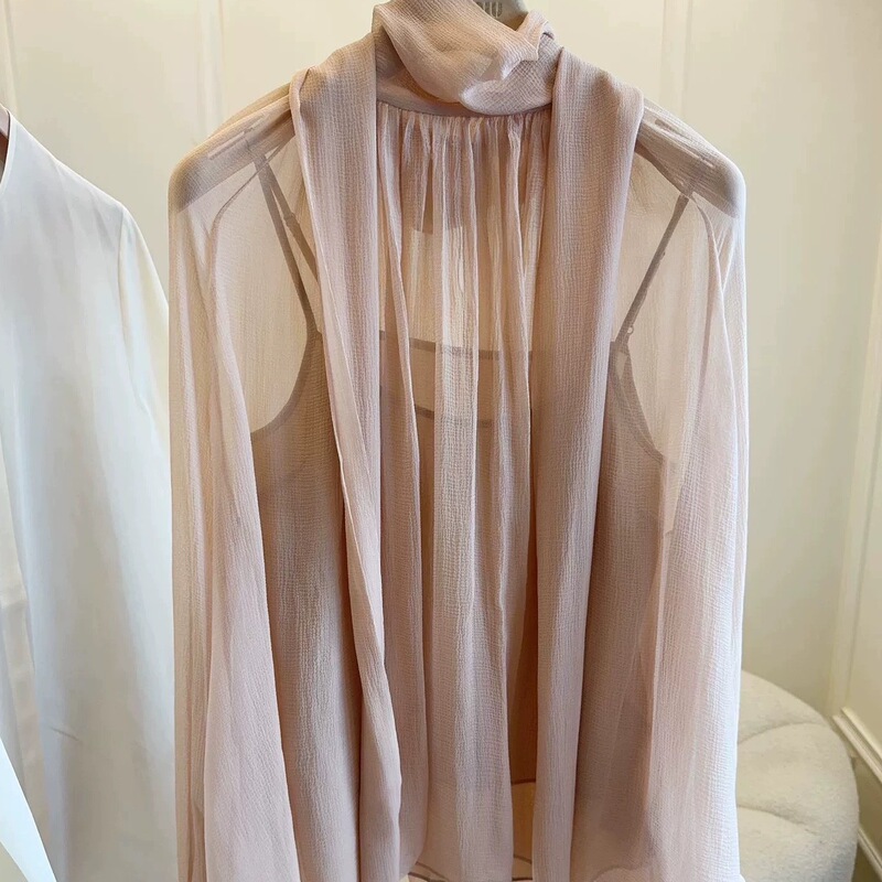Fairy-Like French Style Women's High-End Flowing and Elegant Orange-Pink Silk Ribbon Large Hem Blouse