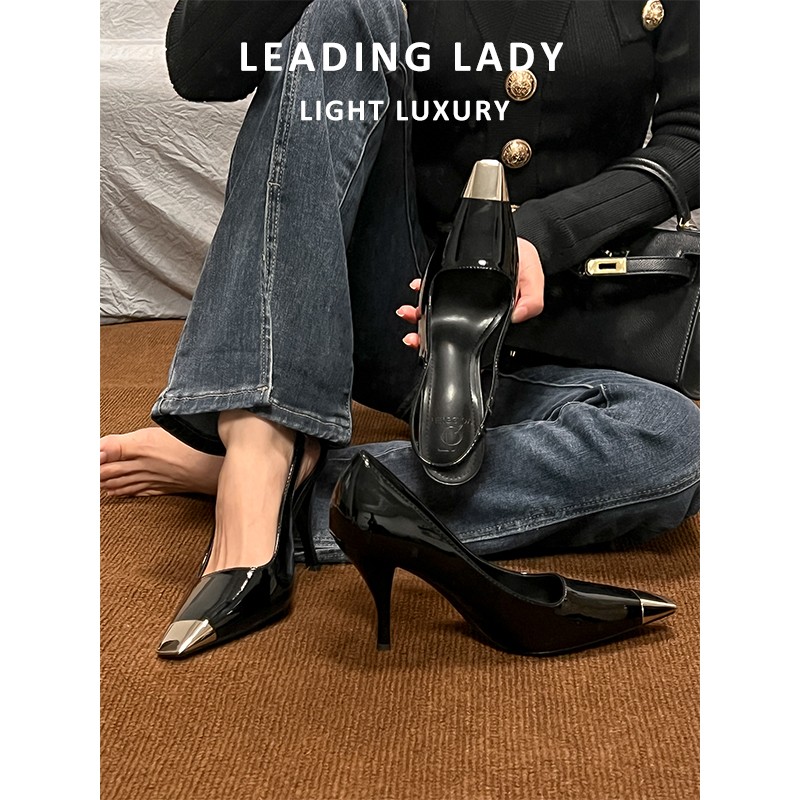 High-Heeled Shoes for Women 2026 Spring and Autumn New Style Park Chae Young Rose Same Style Metal Square Toe Black Patent Leather Closed-Toe Sandals High-Heeled Shoes for Women 2026 Spring and Autumn New Style Park Chae Young Rose Same Style Metal Square Toe Black Patent Leather Closed-Toe Sandals