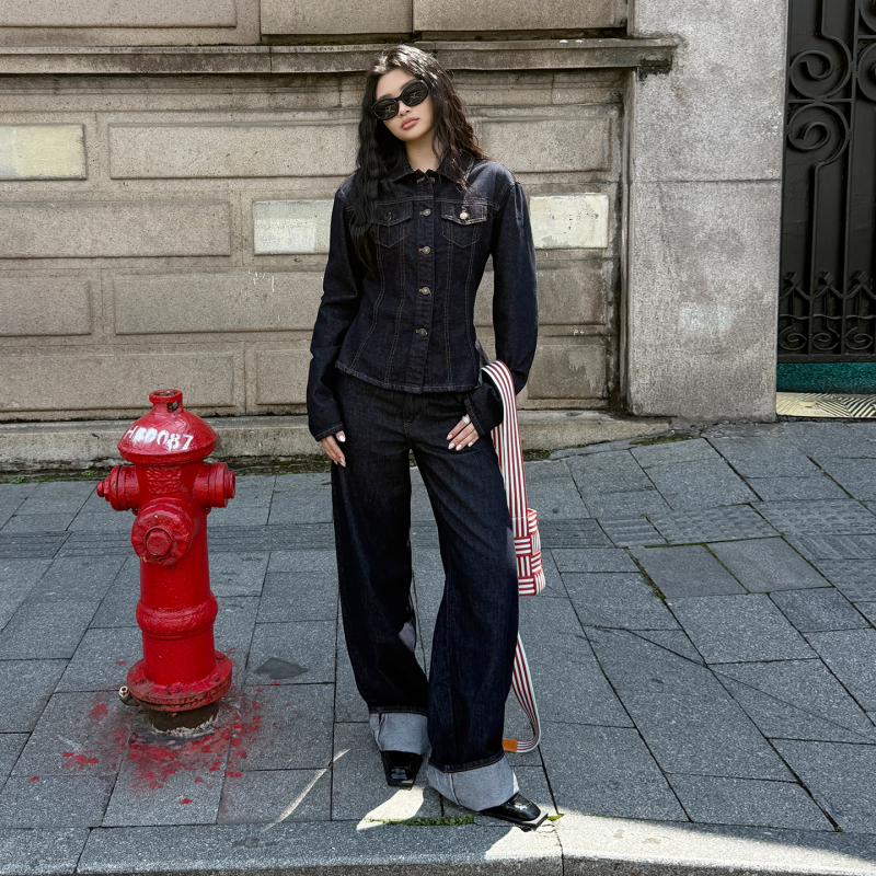Vjisha British Retro Shirt and Wide-Leg Pants Two-Piece Set, Dark Blue Original Denim Top and Extended Denim Pants Set