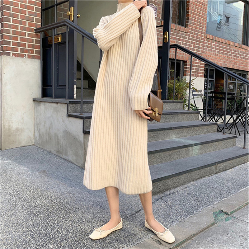 Autumn and winter long version thickened loose lazy wind sweater women's knee long skirt with knitted inside dress fake collar